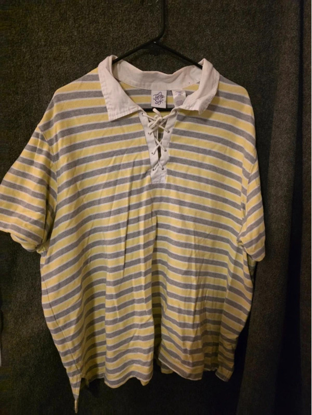Just My Size Womens 26/28 Yellow Grey Striped Lace Up Collar Short Sleeve Polo